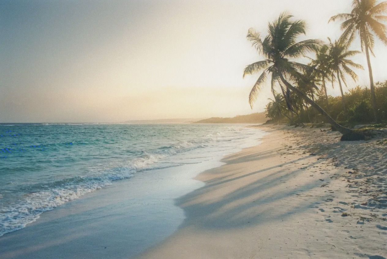 Pristine white sandy beach at Kenting with crystal clear turquoise water and palm trees