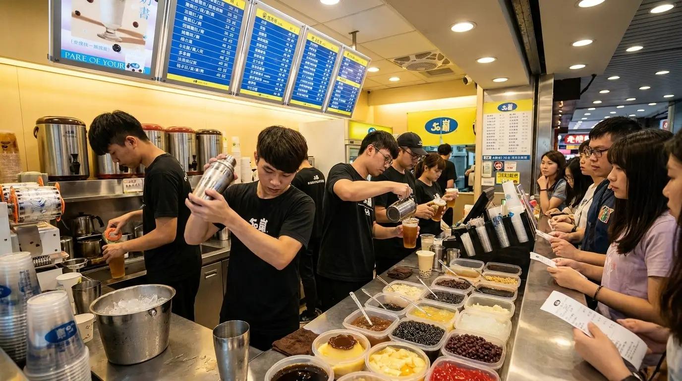 A busy bubble tea shop counter in Taipei with drinks being prepared