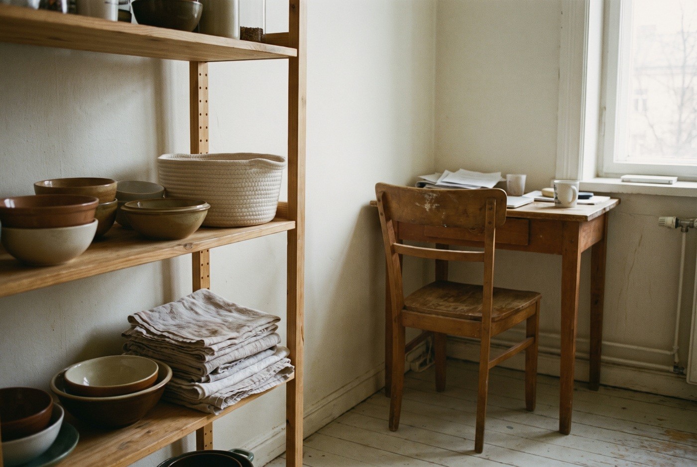 Illustration: Everyday bowls and linens on open shelves.