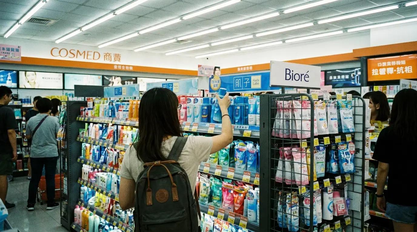 Woman browsing skincare products at a brightly lit Cosmed drugstore in Taipei