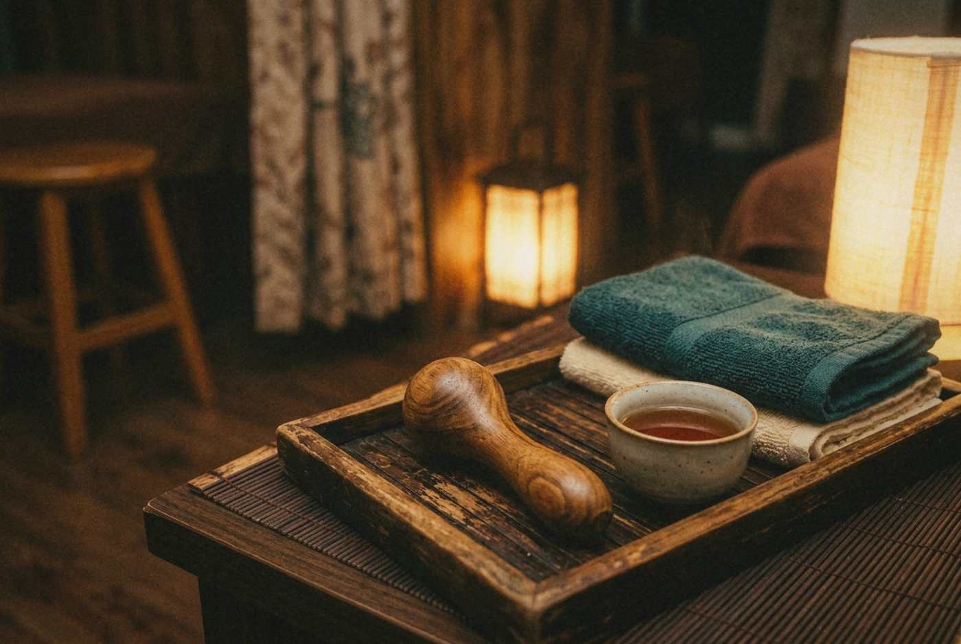 Close up of a wooden massage tool, a cup of tea, and folded warm towels on a tray in a dim massage parlour