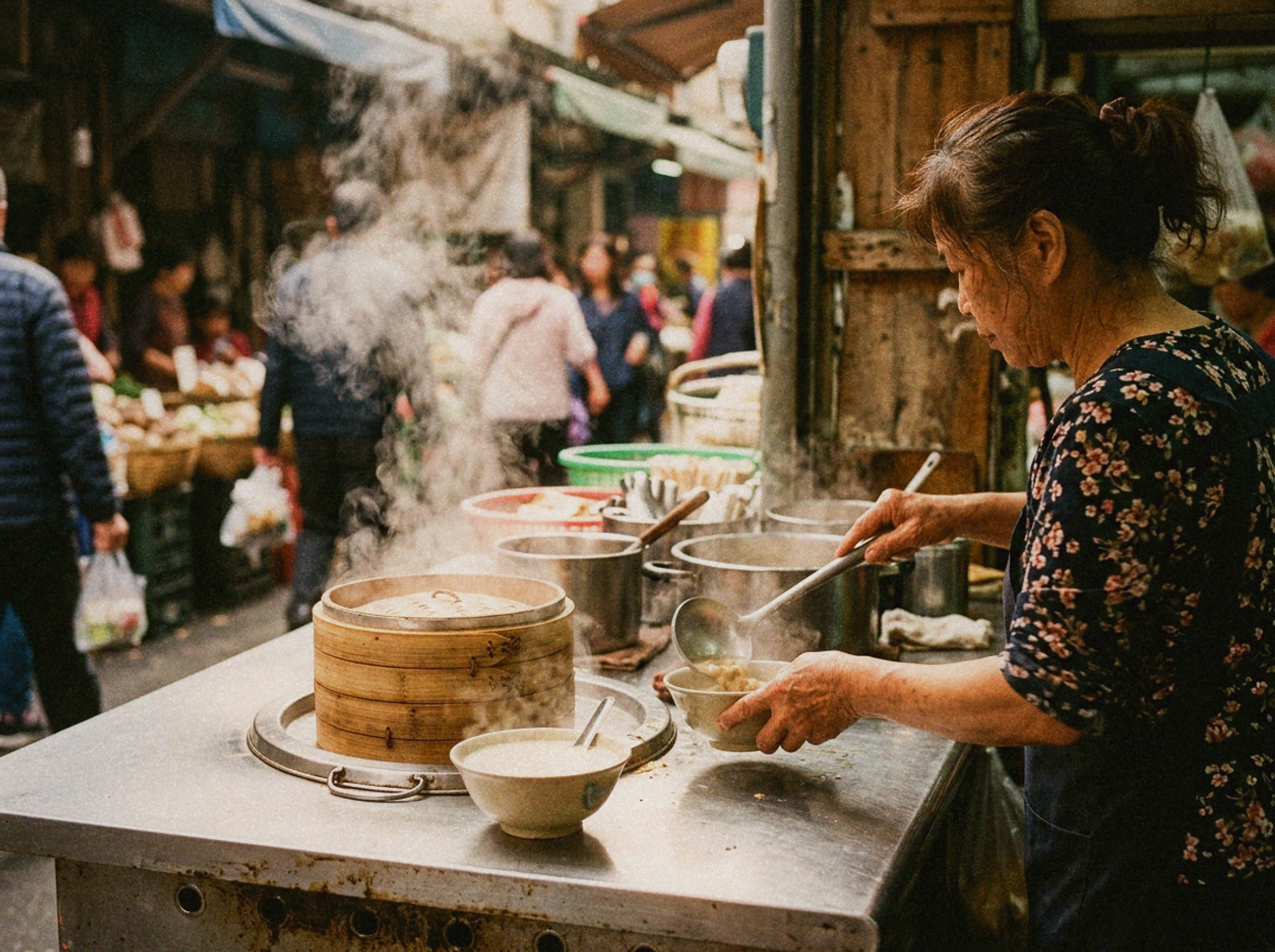Steam rising from a small food stall inside a morning market, a bamboo steamer and a bowl of hot soy milk on the counter