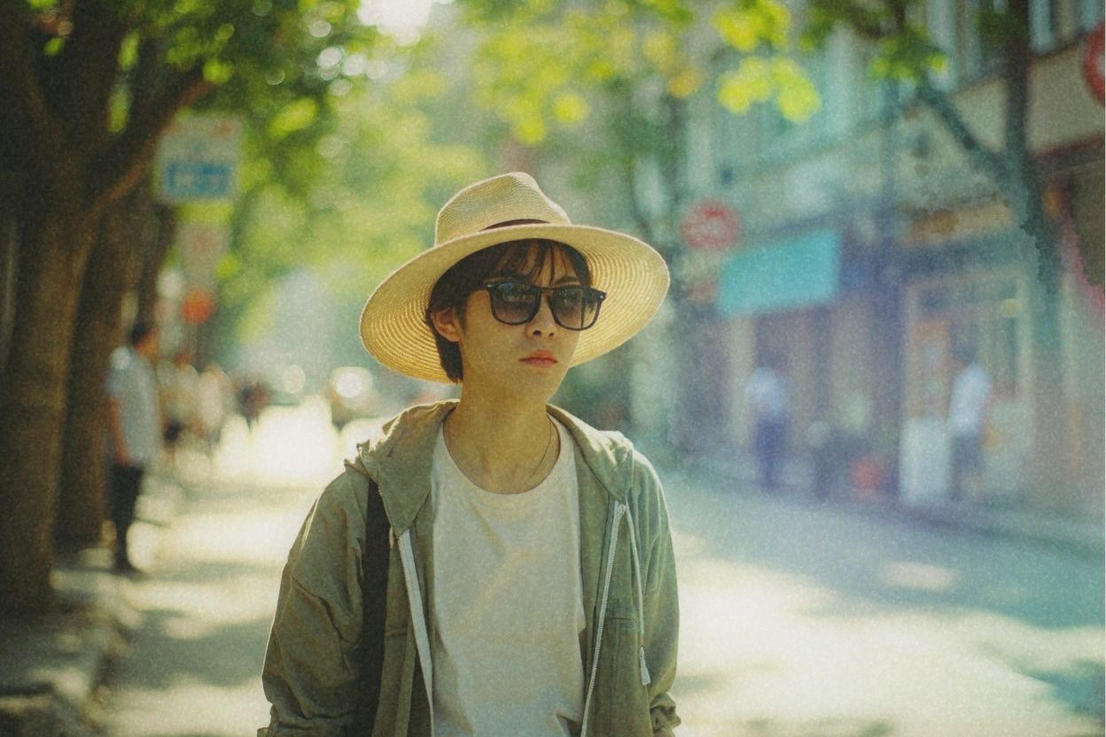 A person walking a leafy Taipei side street in a lightweight open UV-cut jacket, wide-brim straw hat and UV400 sunglasses