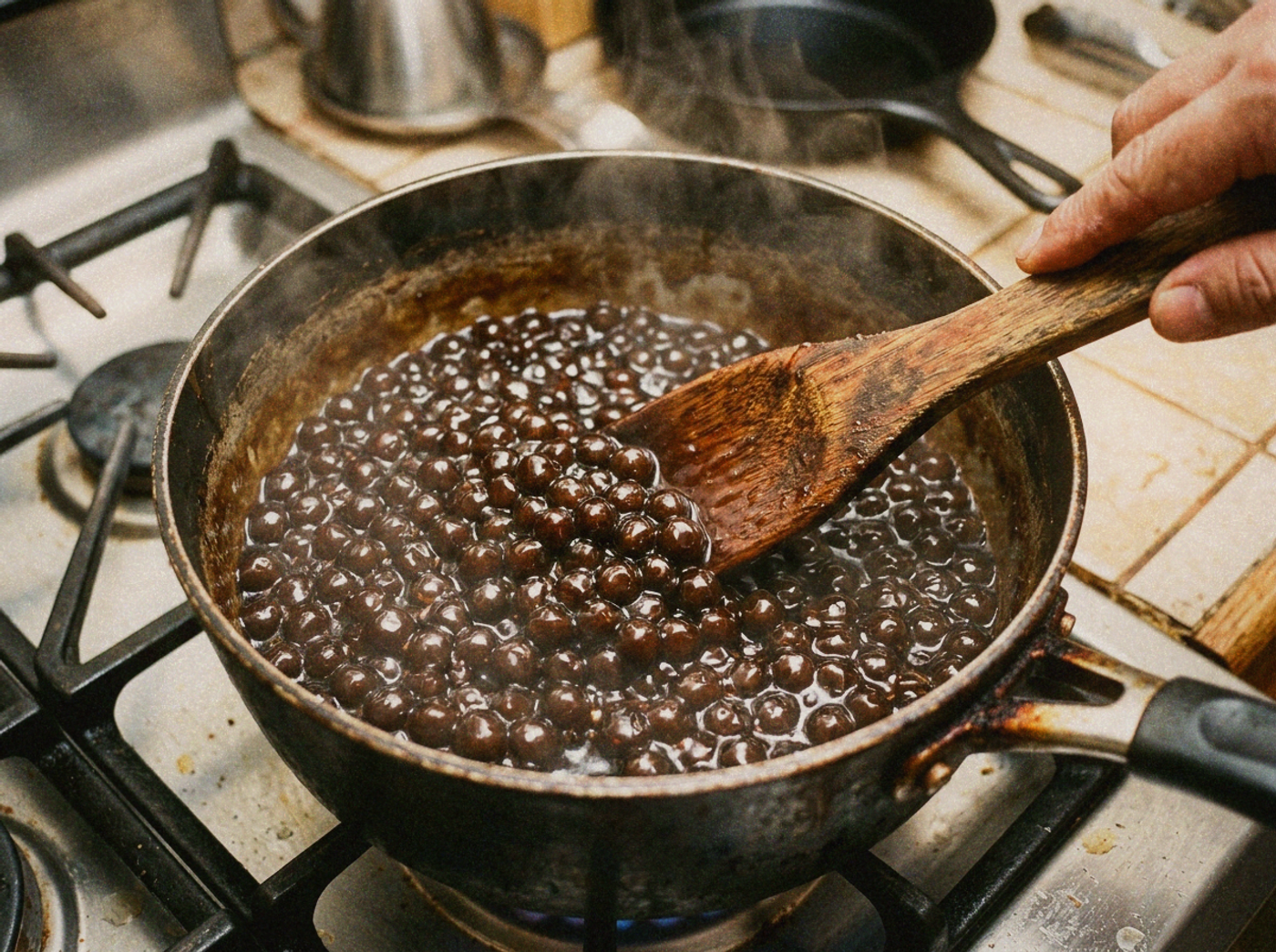 Overhead close-up of glossy dark tapioca pearls stirred with a wooden paddle in a steaming pot