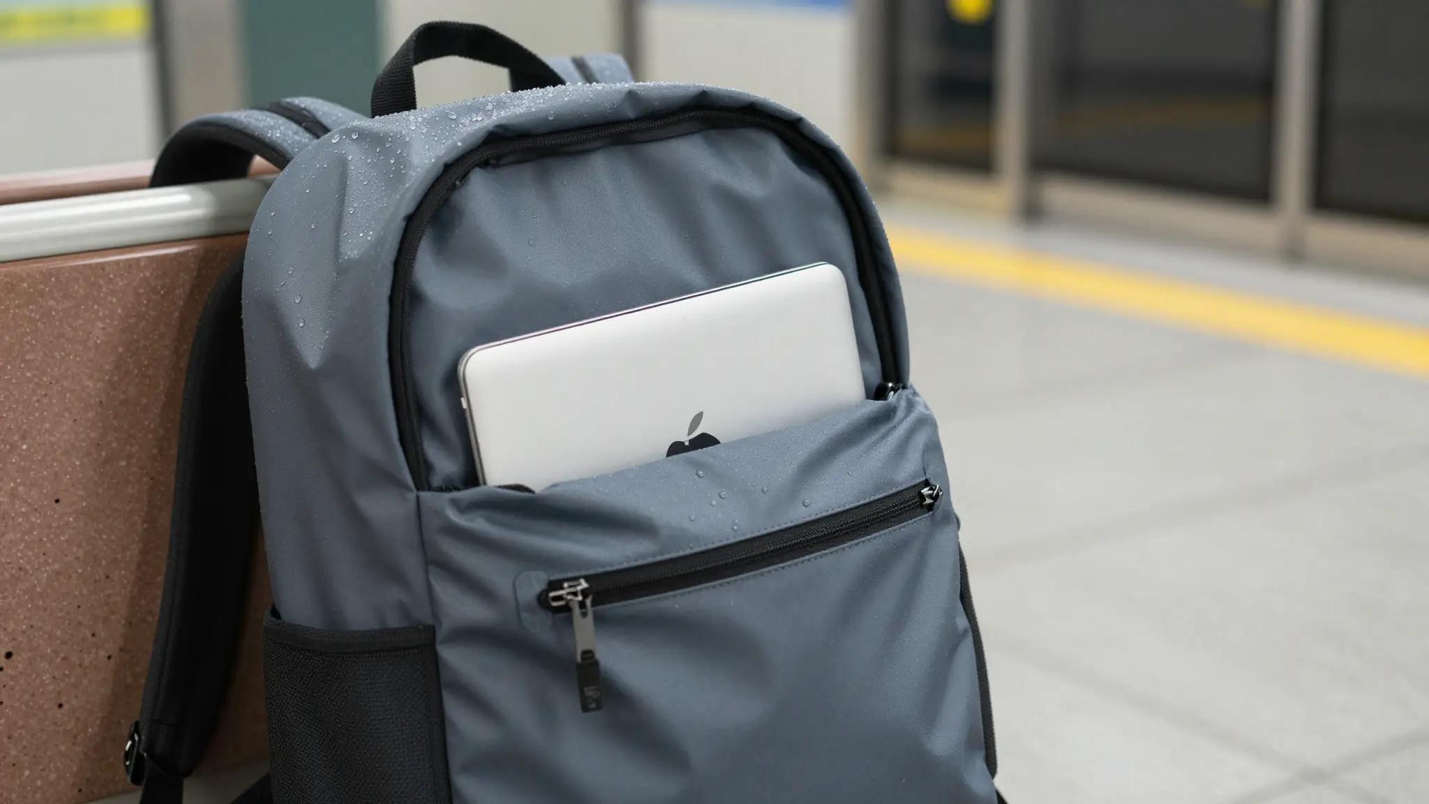 Close-up of a waterproof backpack with rain droplets beading on its surface
