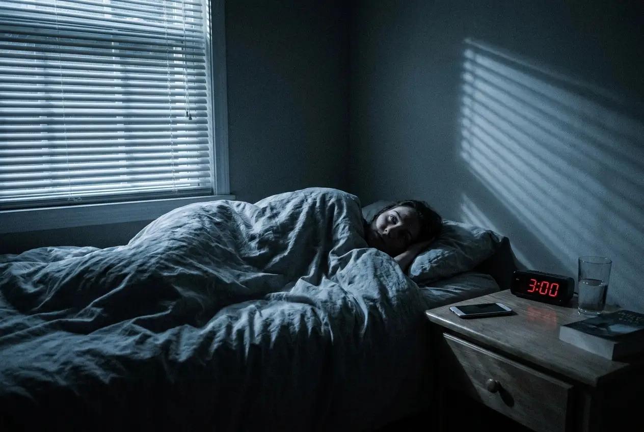 Person lying awake in dark bedroom at 3am with moonlight through blinds