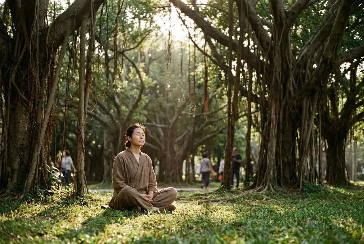 Person meditating cross-legged under banyan trees in a Taipei park