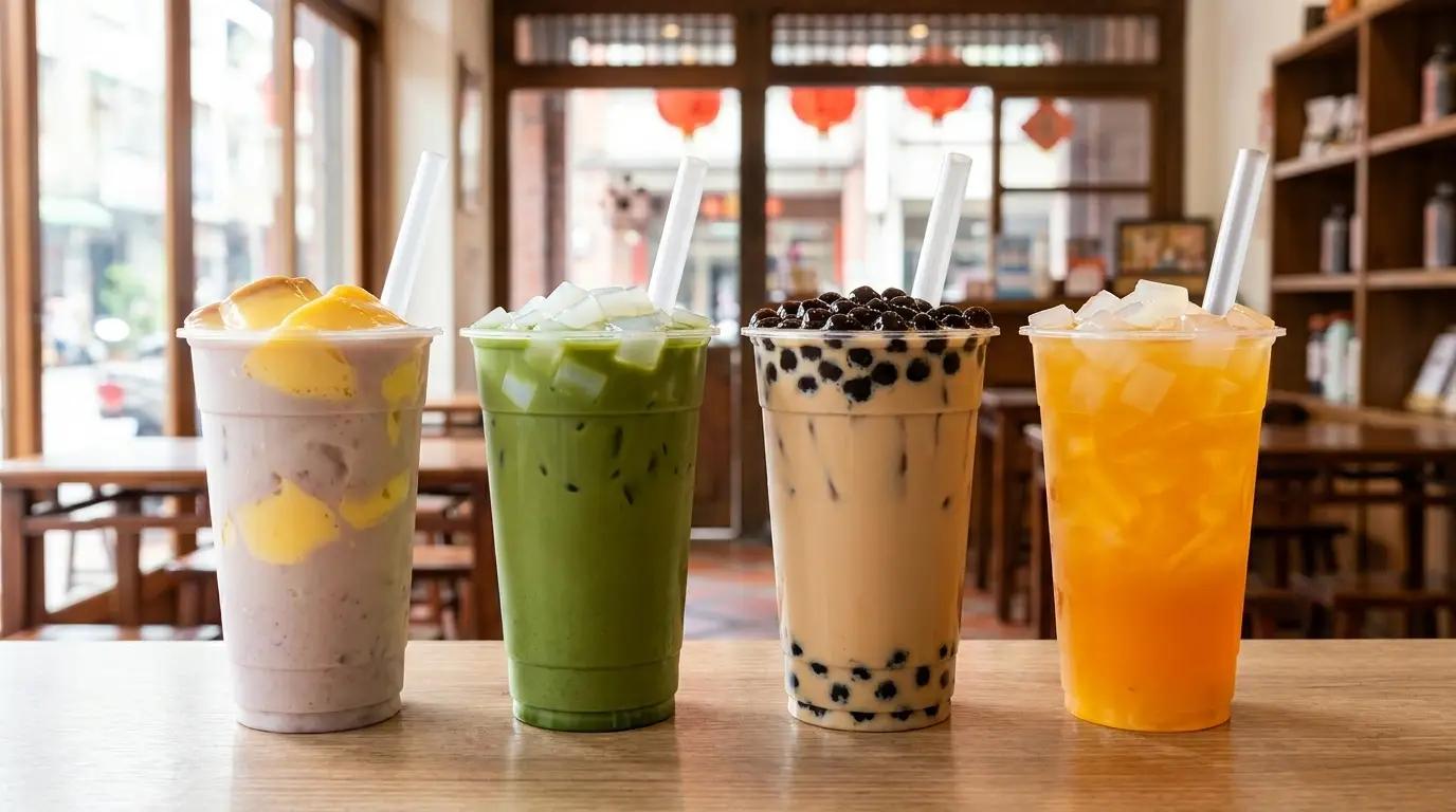 A row of freshly made bubble tea drinks with different toppings on a counter