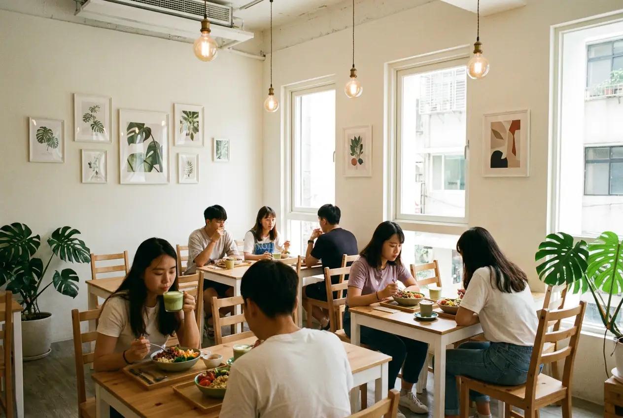 Interior of a modern plant-based restaurant with natural light and wooden tables
