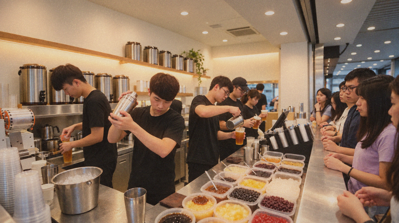 Staff preparing drinks behind a bubble tea counter