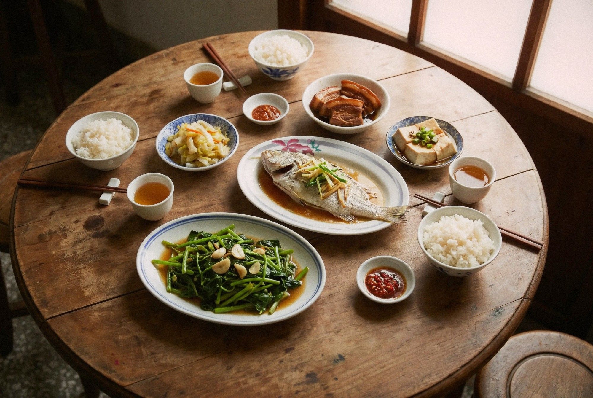 Traditional Taiwanese home meal spread on a round wooden table