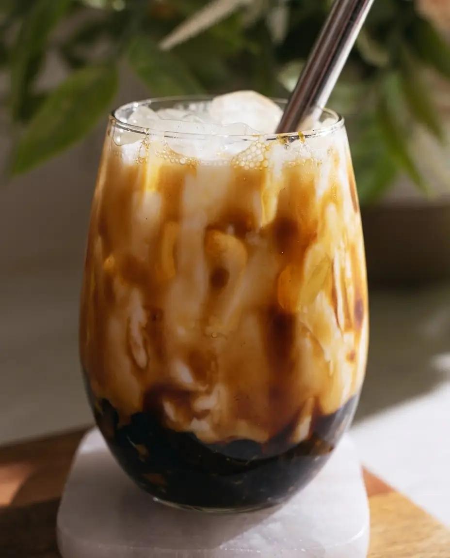 Close-up of brown sugar boba pearls in a cup of fresh milk
