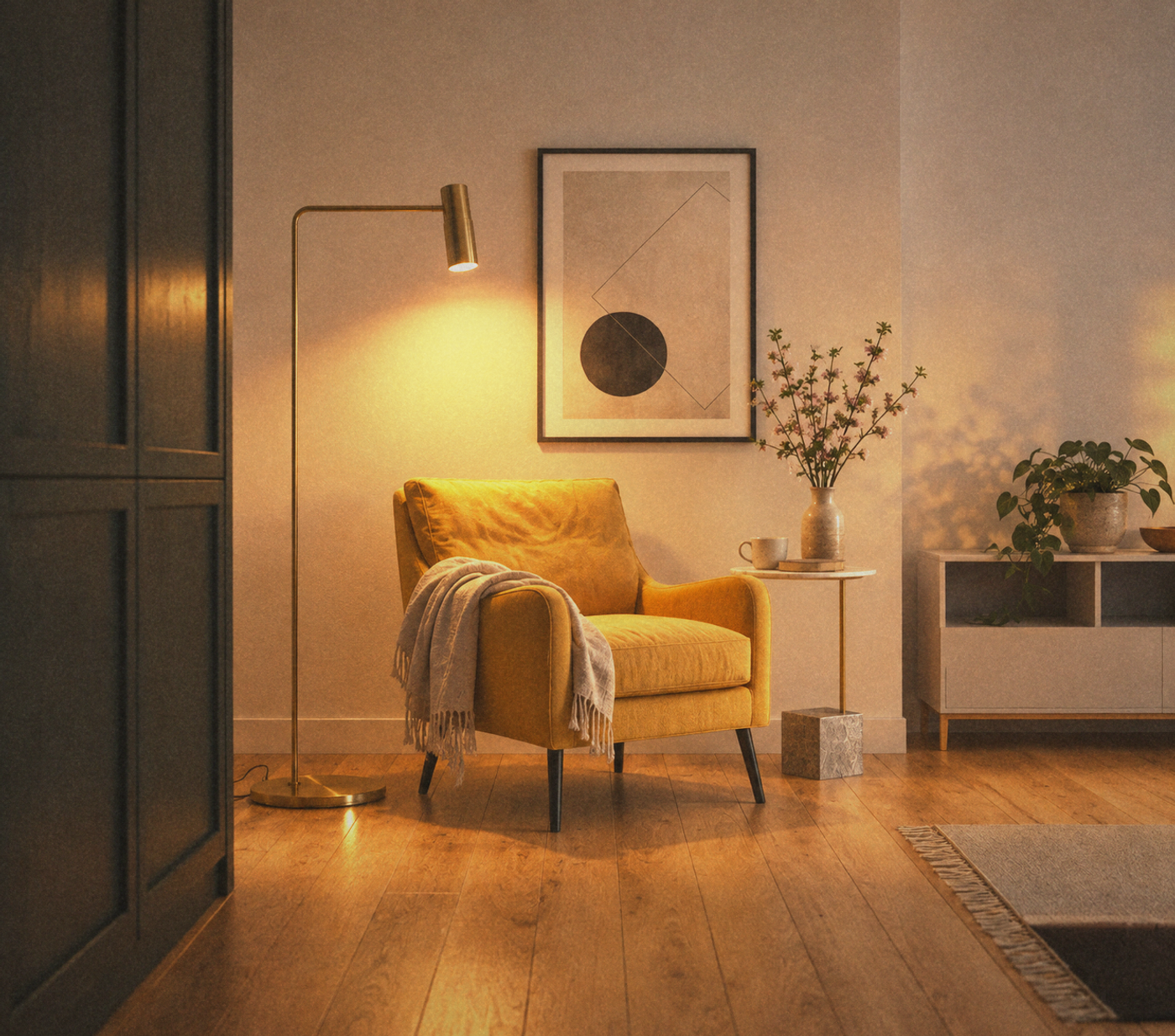 Dimly lit bedroom with soft lamp lighting