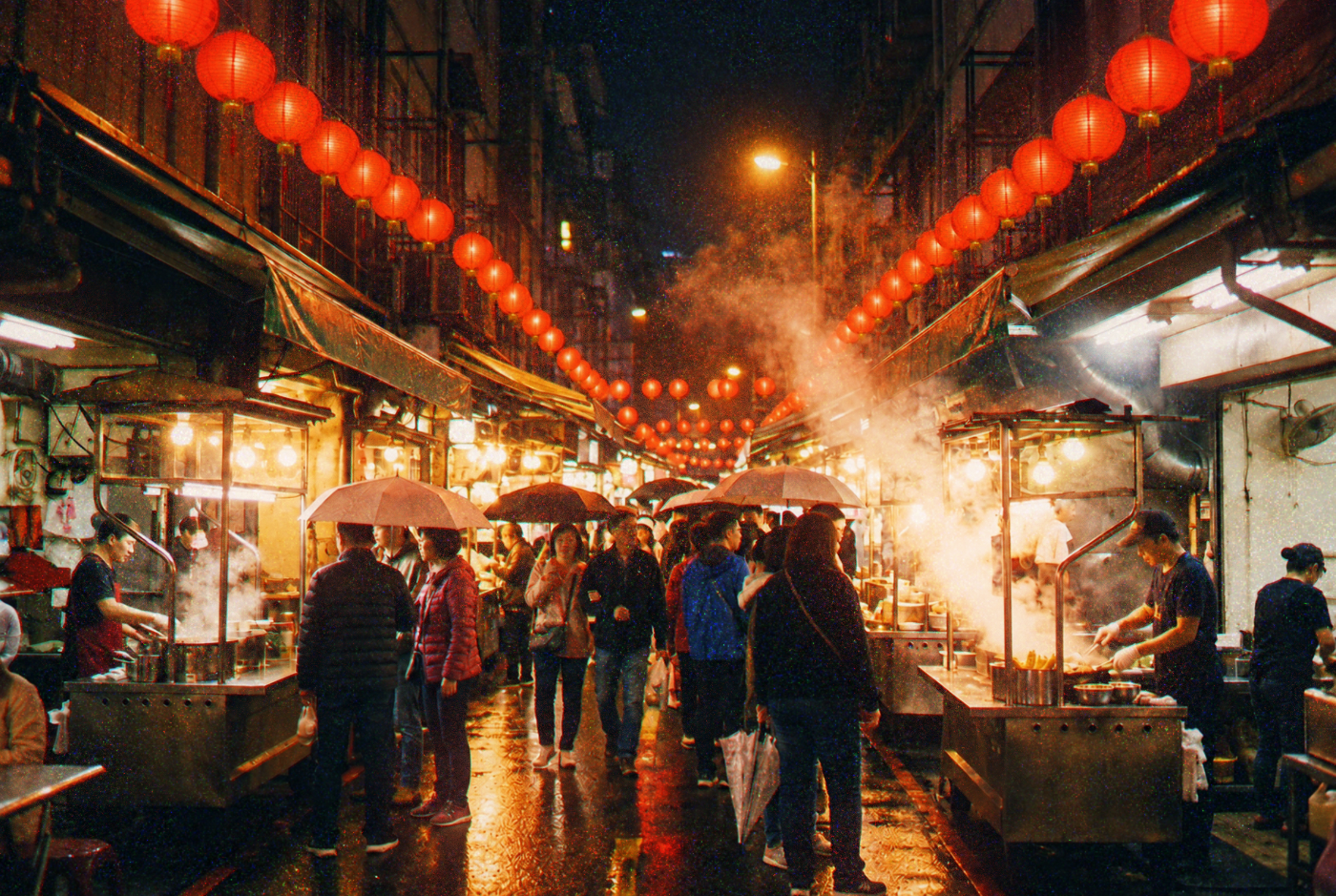Illustration: a lantern-lit market lane.