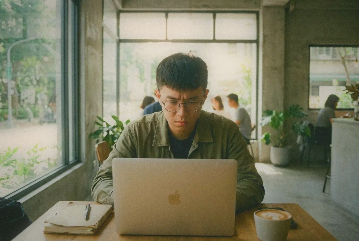 Person working on laptop at a bright minimalist Taipei cafe