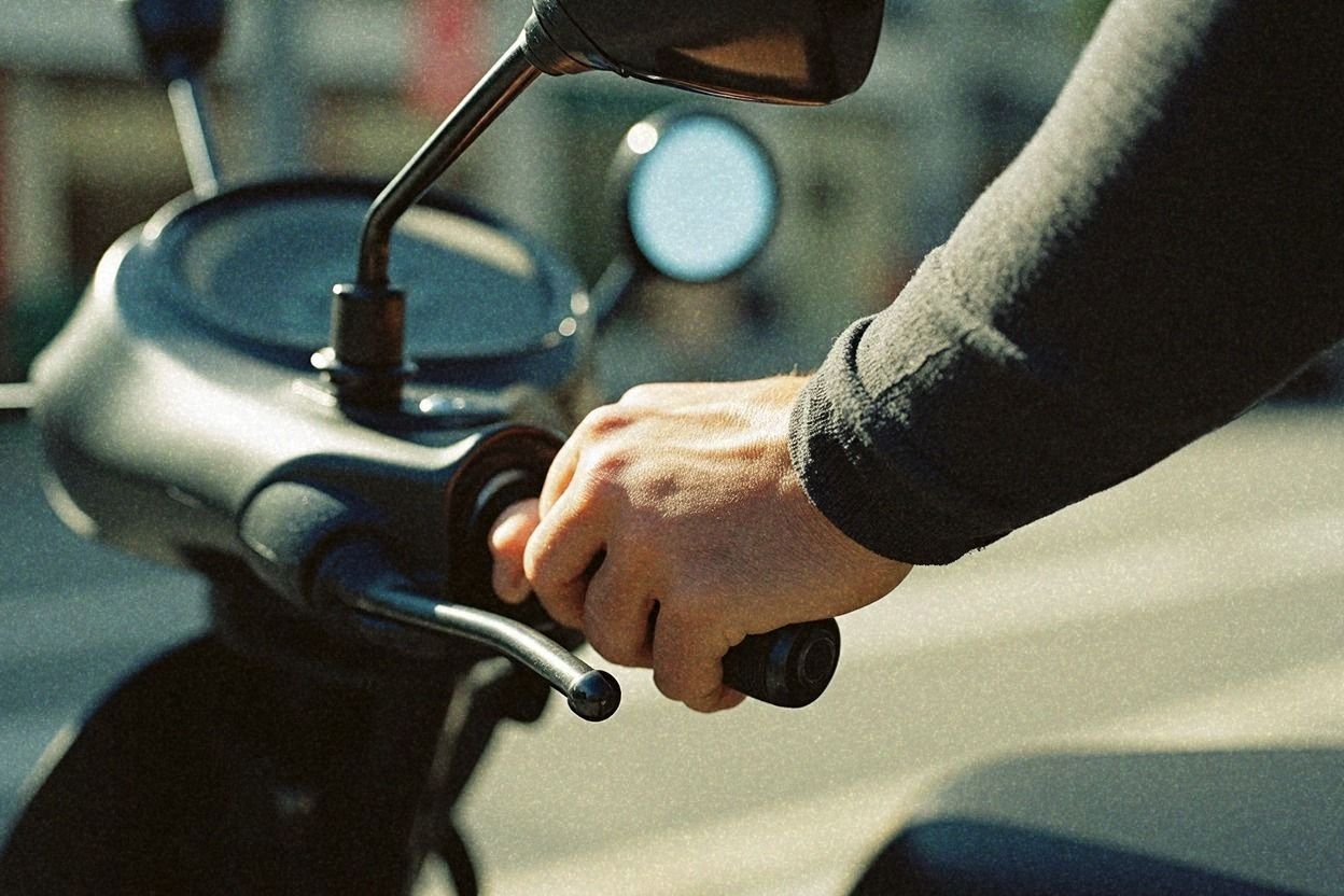Close-up of a forearm in charcoal UV arm sleeves gripping a scooter handlebar in bright Taipei sunlight