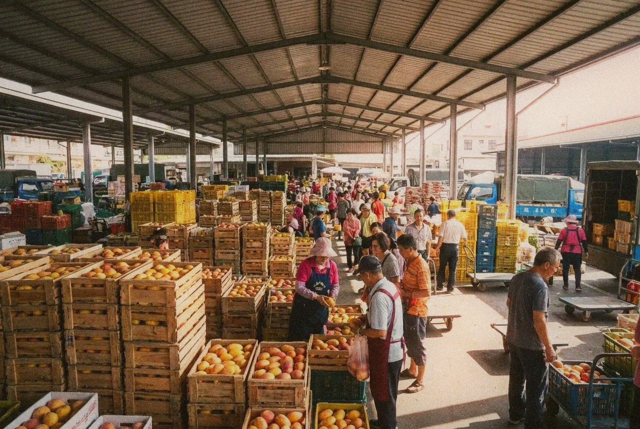 Yujing mango wholesale market in Tainan Taiwan with crates of mangoes
