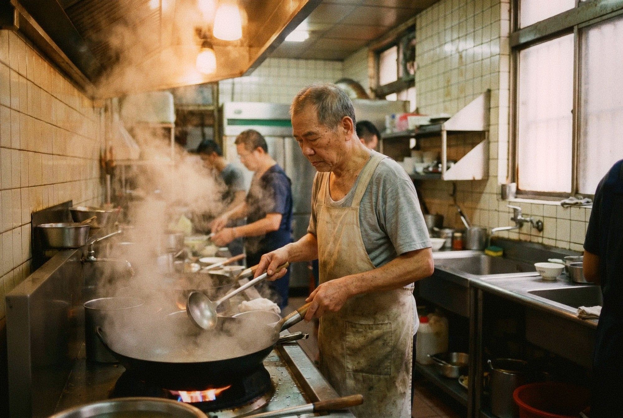 Elderly Taiwanese cook at a wok station in a traditional restaurant kitchen