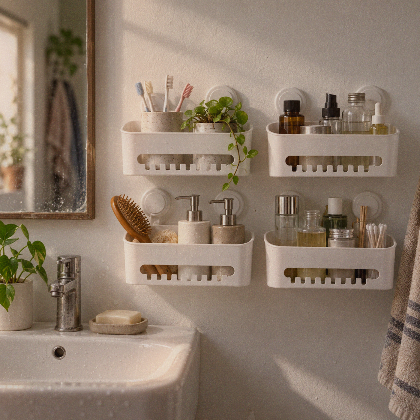 Bathroom wall-mounted storage solutions including suction shelves and an over-toilet rack, showing cleared floor space