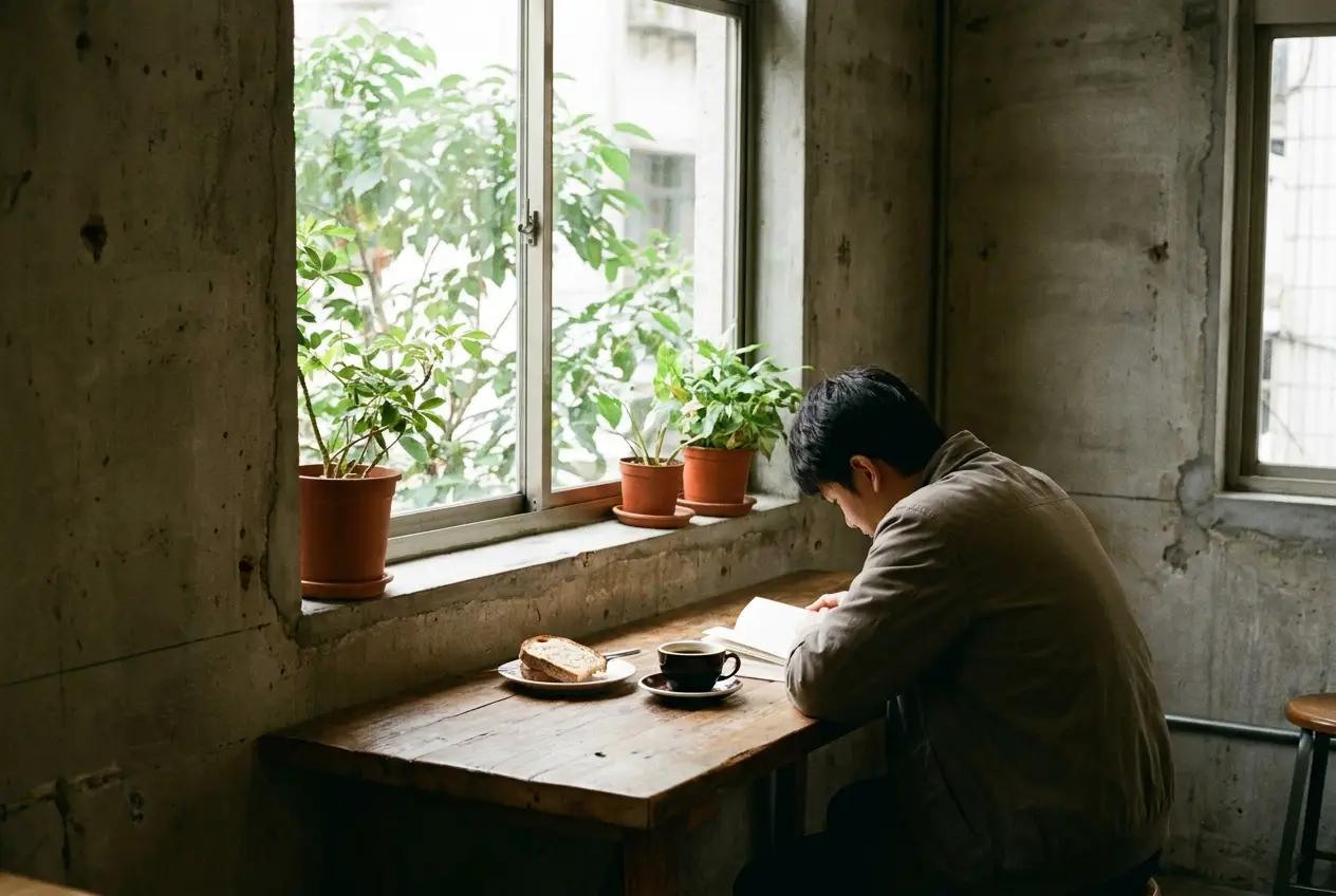 A cozy Taipei cafe interior with wooden tables and warm morning light