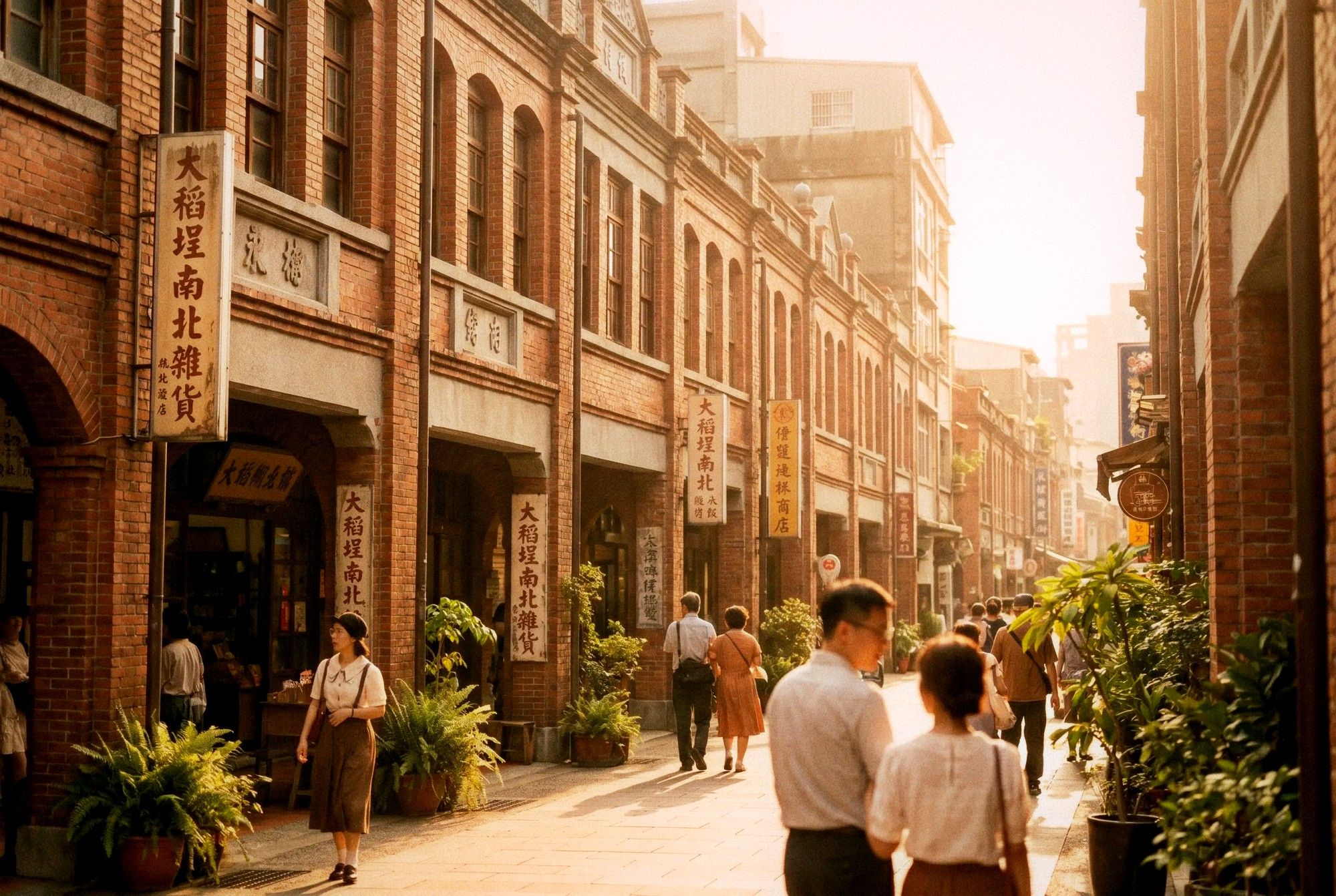 Historic Dadaocheng street in Taipei with restored red brick shophouses