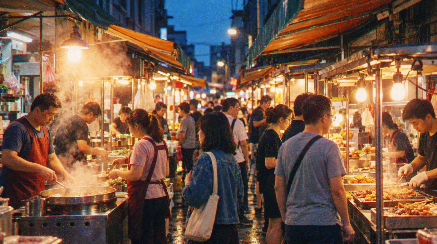 Food stalls and visitors in a night market at dusk