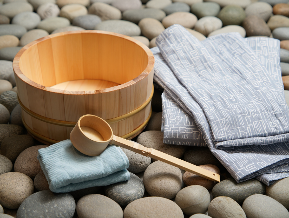Traditional onsen bathing accessories arranged on smooth stones: wooden bucket, folded towel, soap, and bamboo ladle