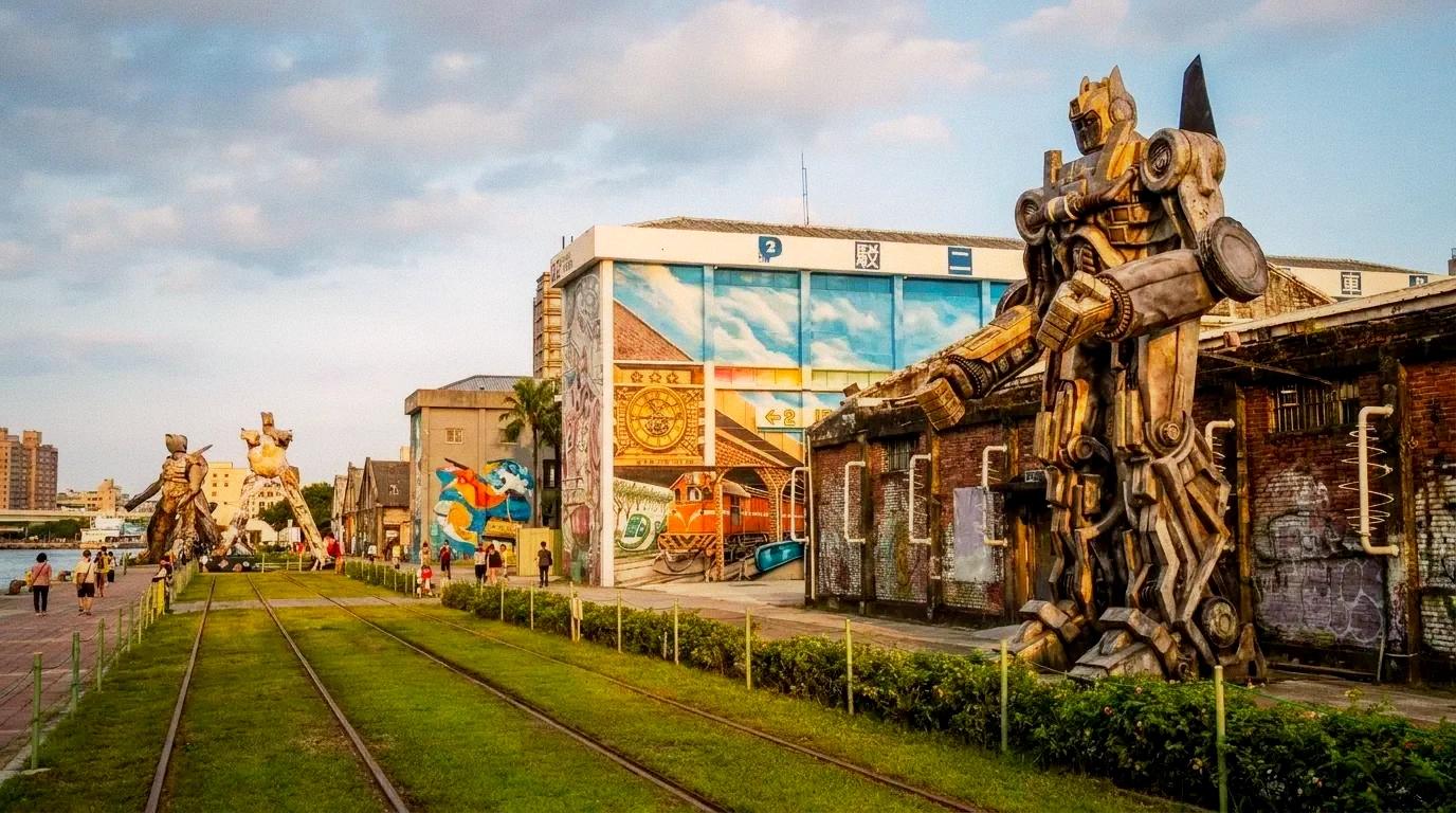 Kaohsiung Pier-2 Art District with converted warehouses and outdoor sculptures