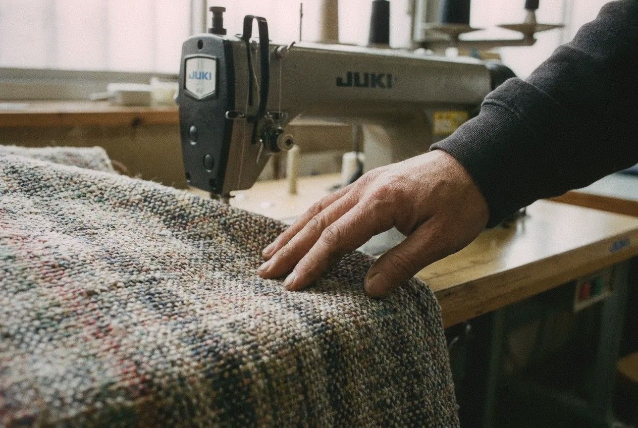 Close-up of recycled fabric textile with visible weave texture