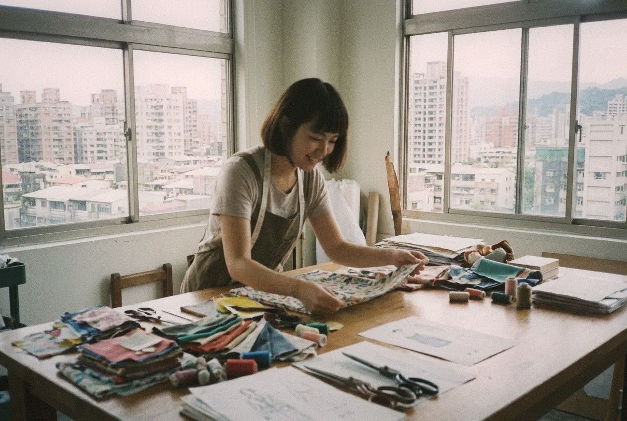 Young Taiwanese fashion designer working at a wooden table in a bright studio