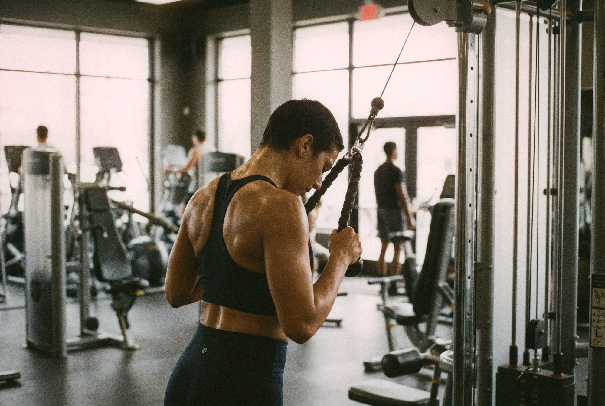 Person performing cable face pulls at a gym