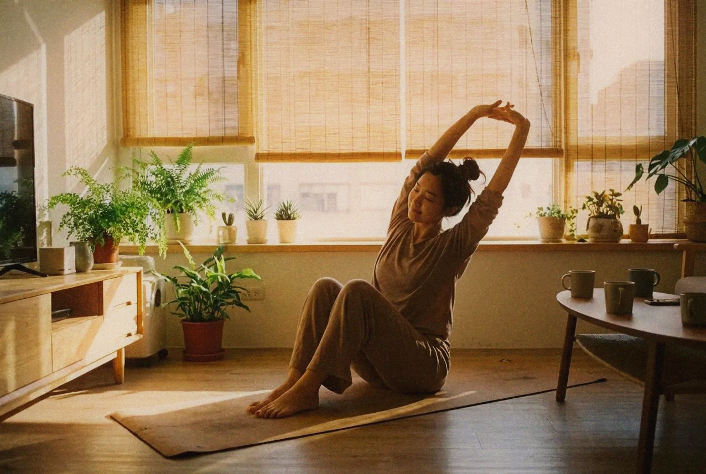 Woman doing morning yoga stretches in a Taipei apartment with sunrise light