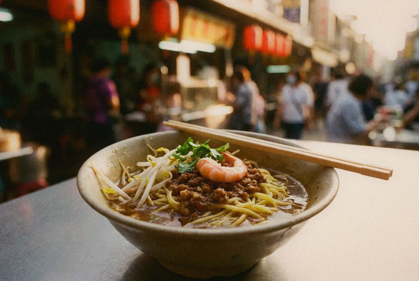 Bowl of Tainan danzai noodles with shrimp and minced pork in broth