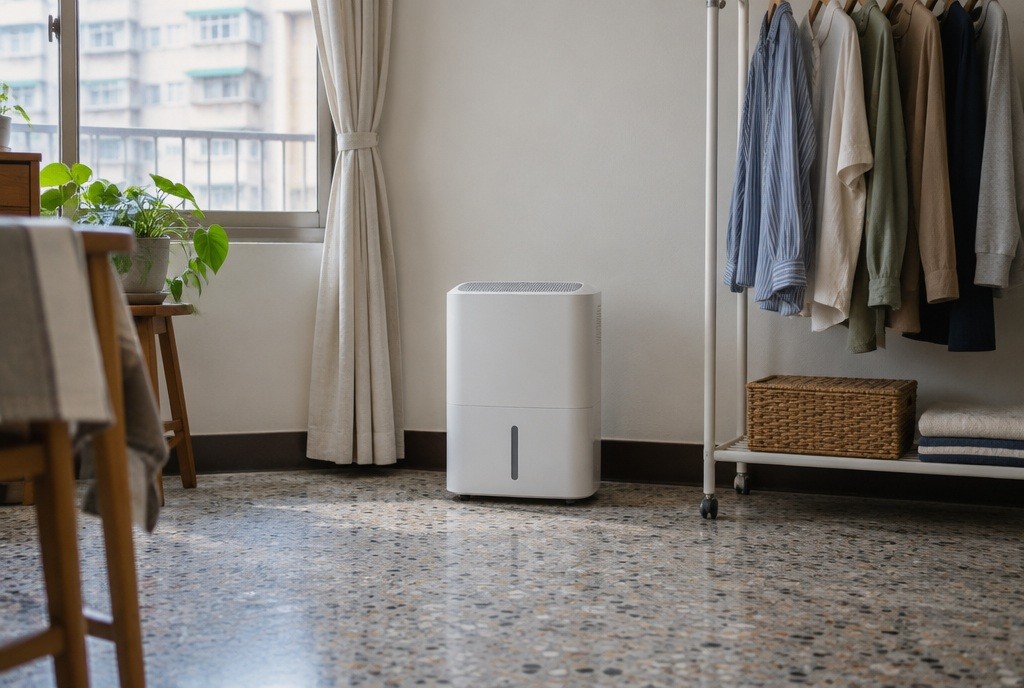 Illustration: A dehumidifier beside a separate clothes rack; follow your model’s clearance instructions.