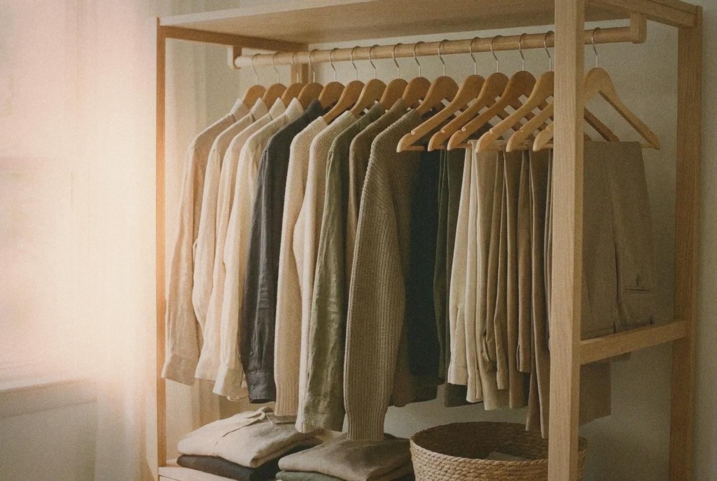 Minimalist capsule wardrobe neatly arranged on wooden hangers inside an open wardrobe