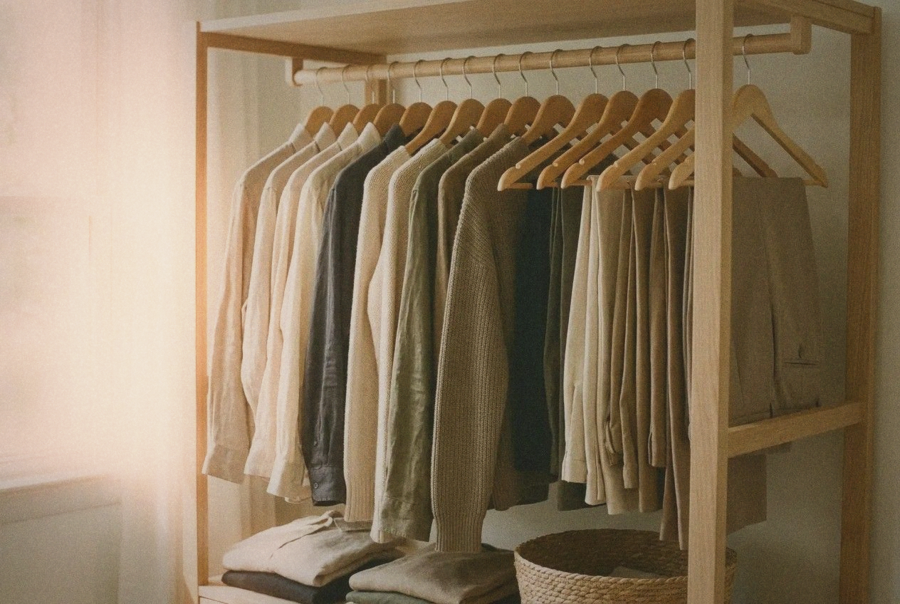 Minimalist capsule wardrobe neatly arranged on wooden hangers inside an open wardrobe