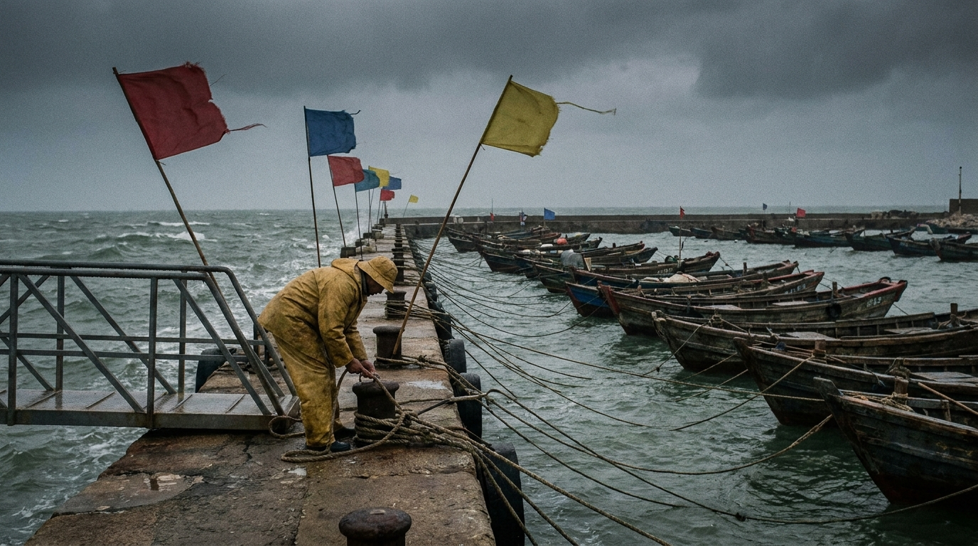 Fishing boats roped to a pier before a typhoon