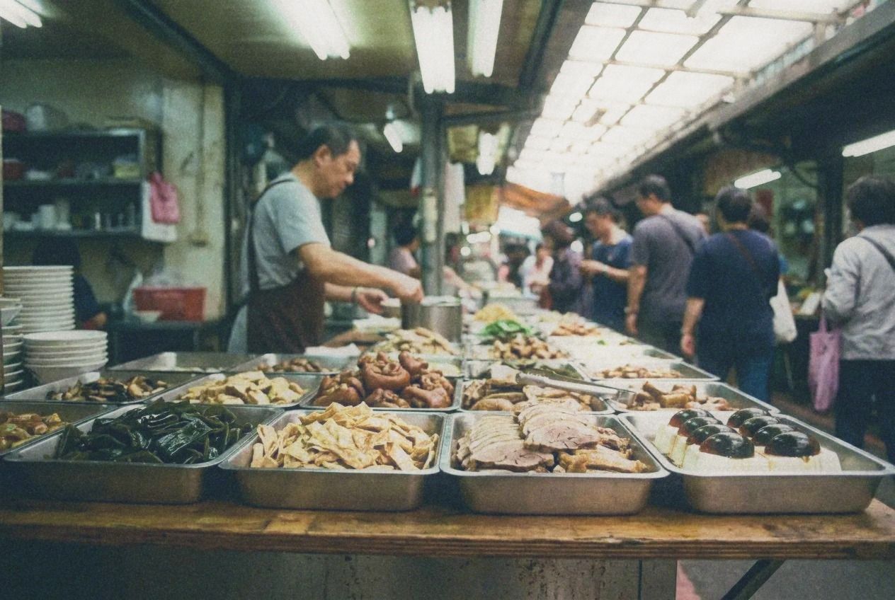Market stall display of cold prepared vegetable dishes and tofu in metal trays