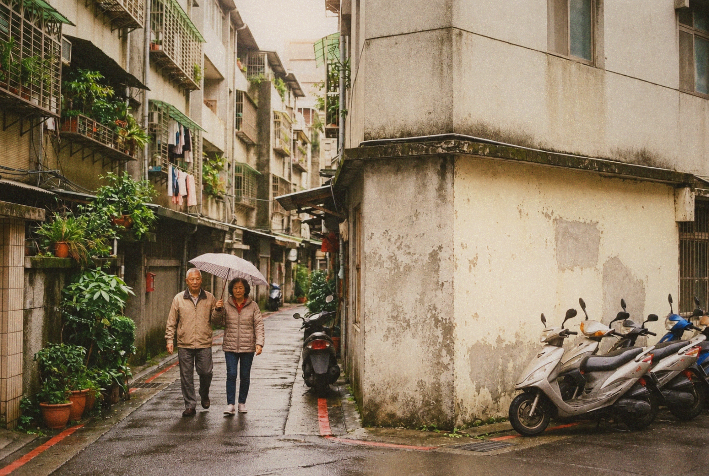 An older couple walking beneath an umbrella in a residential lane
