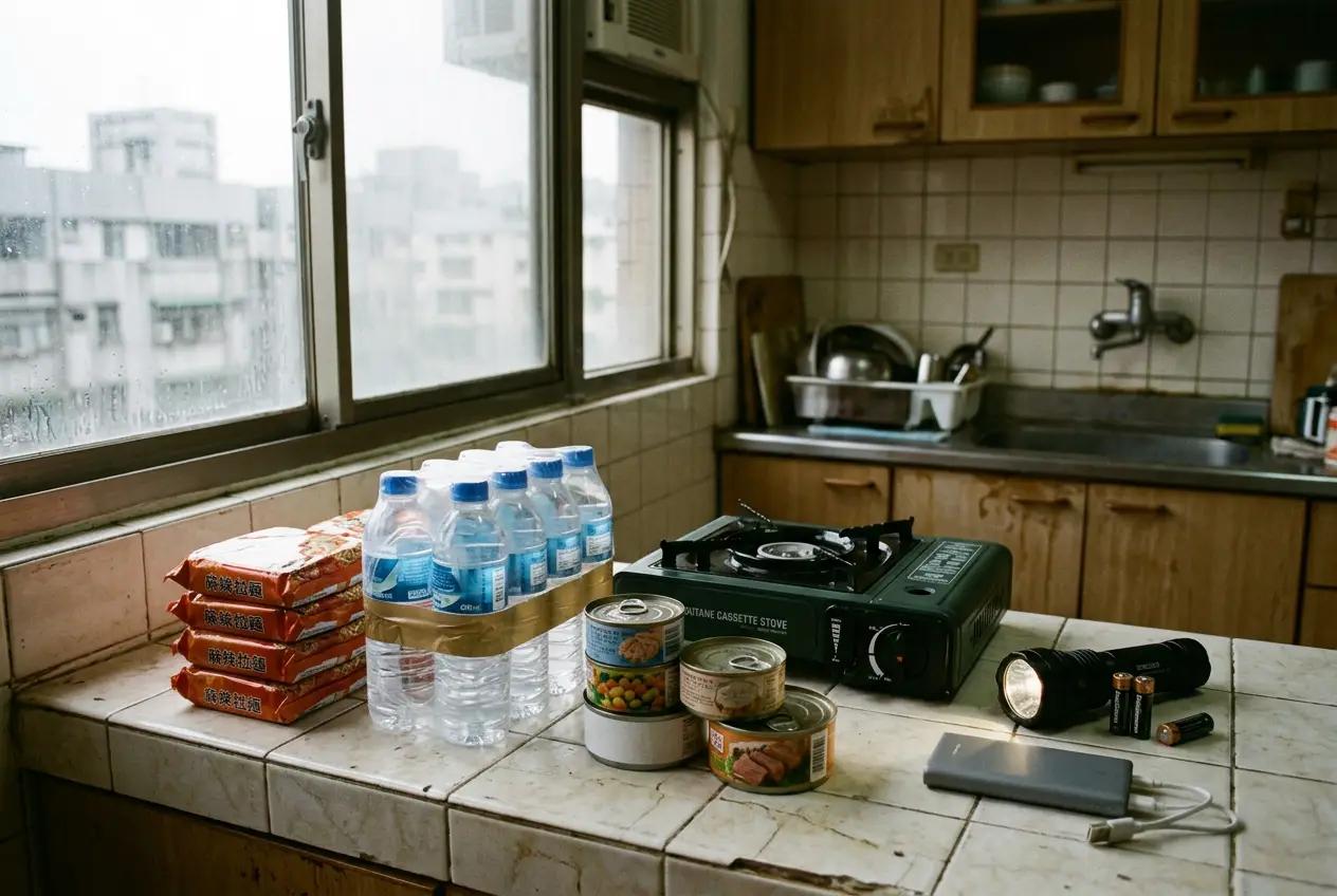 A Taipei apartment kitchen counter stocked for typhoon season with bottled water, instant noodles, canned food, a portable gas stove and a flashlight