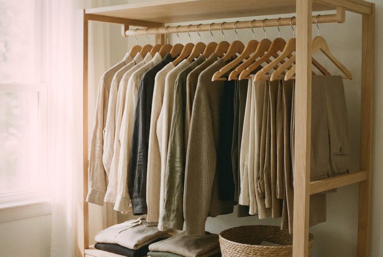 Minimalist capsule wardrobe neatly arranged on wooden hangers inside an open wardrobe