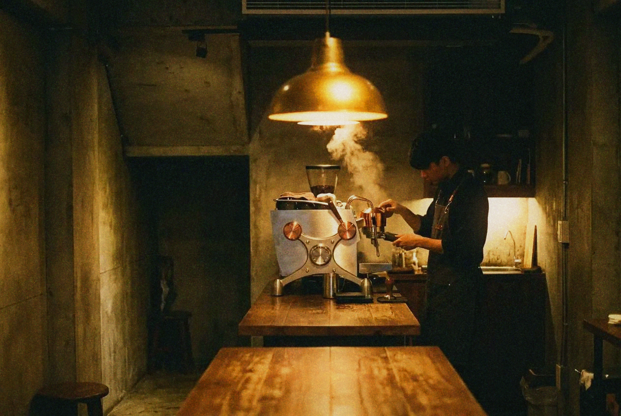 Moody basement coffee shop interior in Taipei with espresso machine
