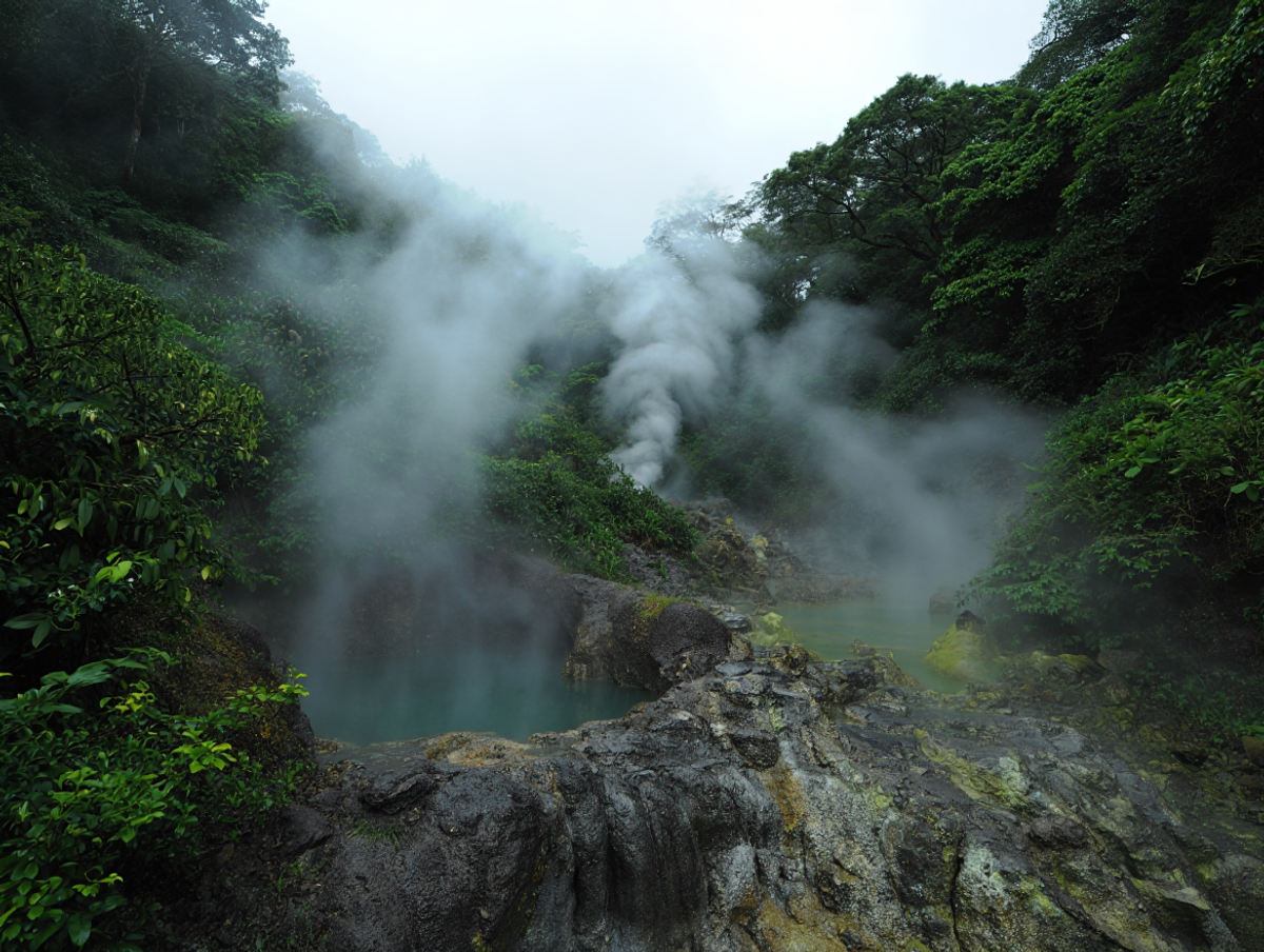 Dramatic sulfuric steam rising from jade-green geothermal pools at Beitou Thermal Valley, Taipei, Taiwan