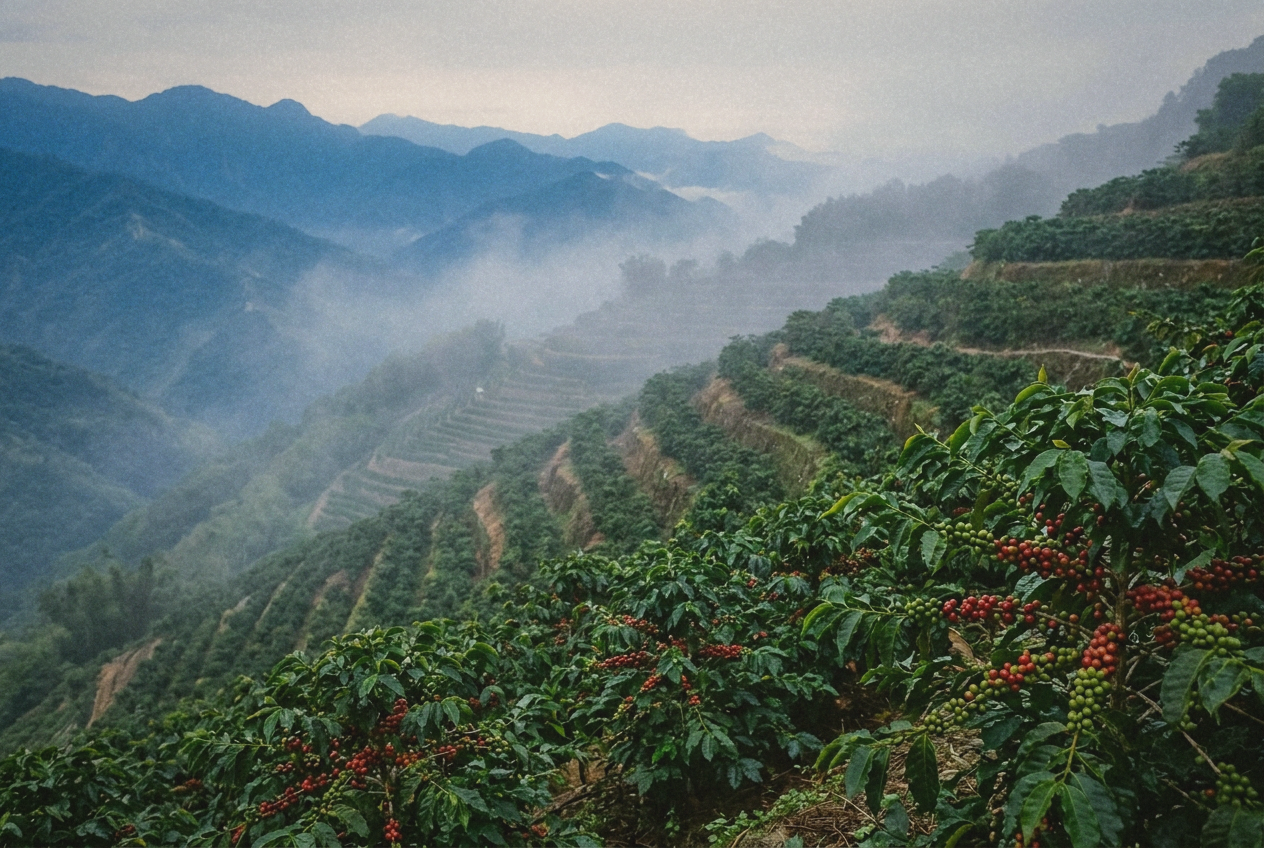 Misty terraced coffee plants on a mountain slope in central Taiwan at dawn