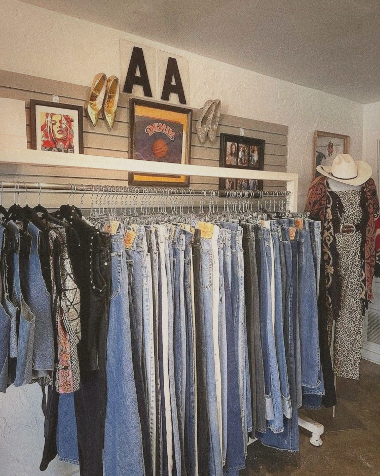 Illustration: denim displayed on a wall.