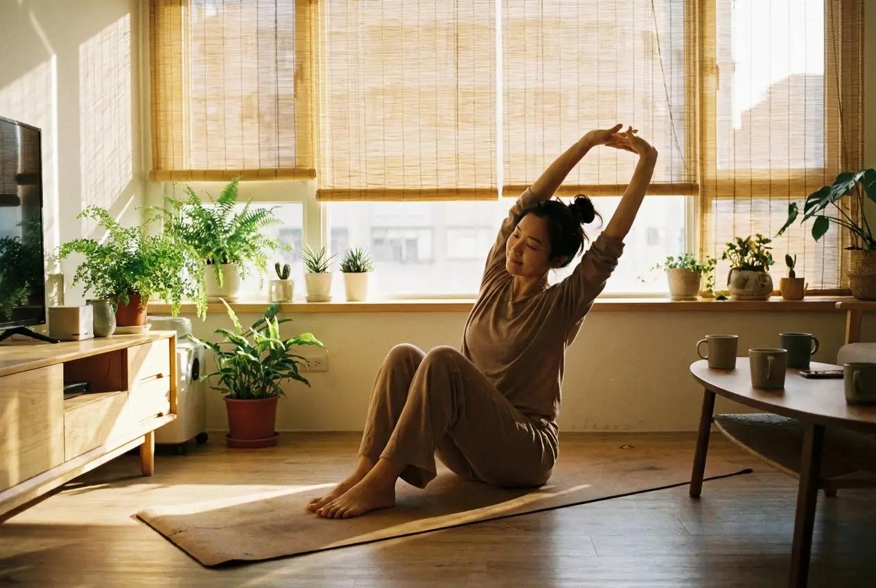 Woman doing morning yoga stretches in a Taipei apartment with sunrise light