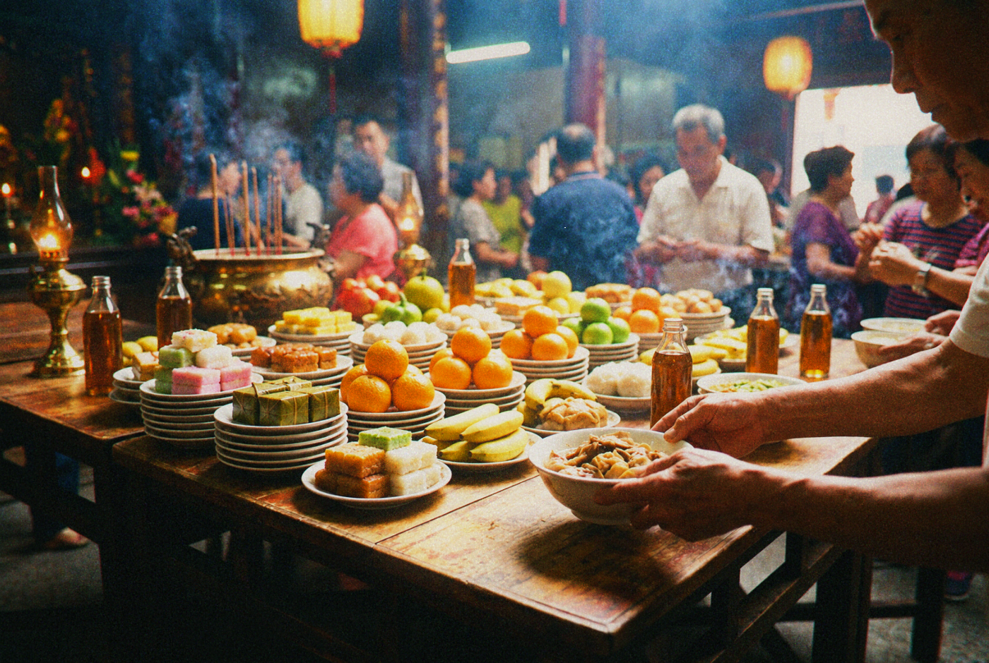 Communal temple offering table during a Taiwan Pudu ceremony with rows of fruit and snacks