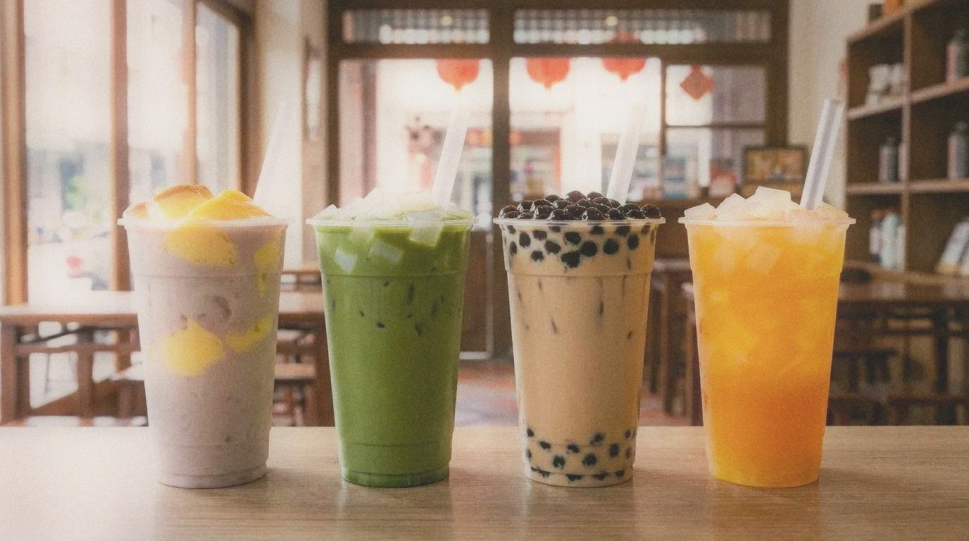 A row of freshly made bubble tea drinks with different toppings on a counter