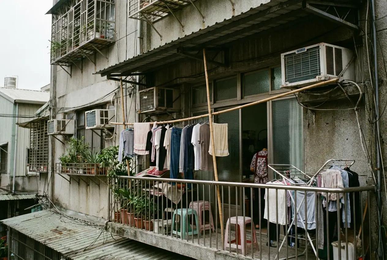 Laundry hanging on a Taipei apartment balcony with city skyline
