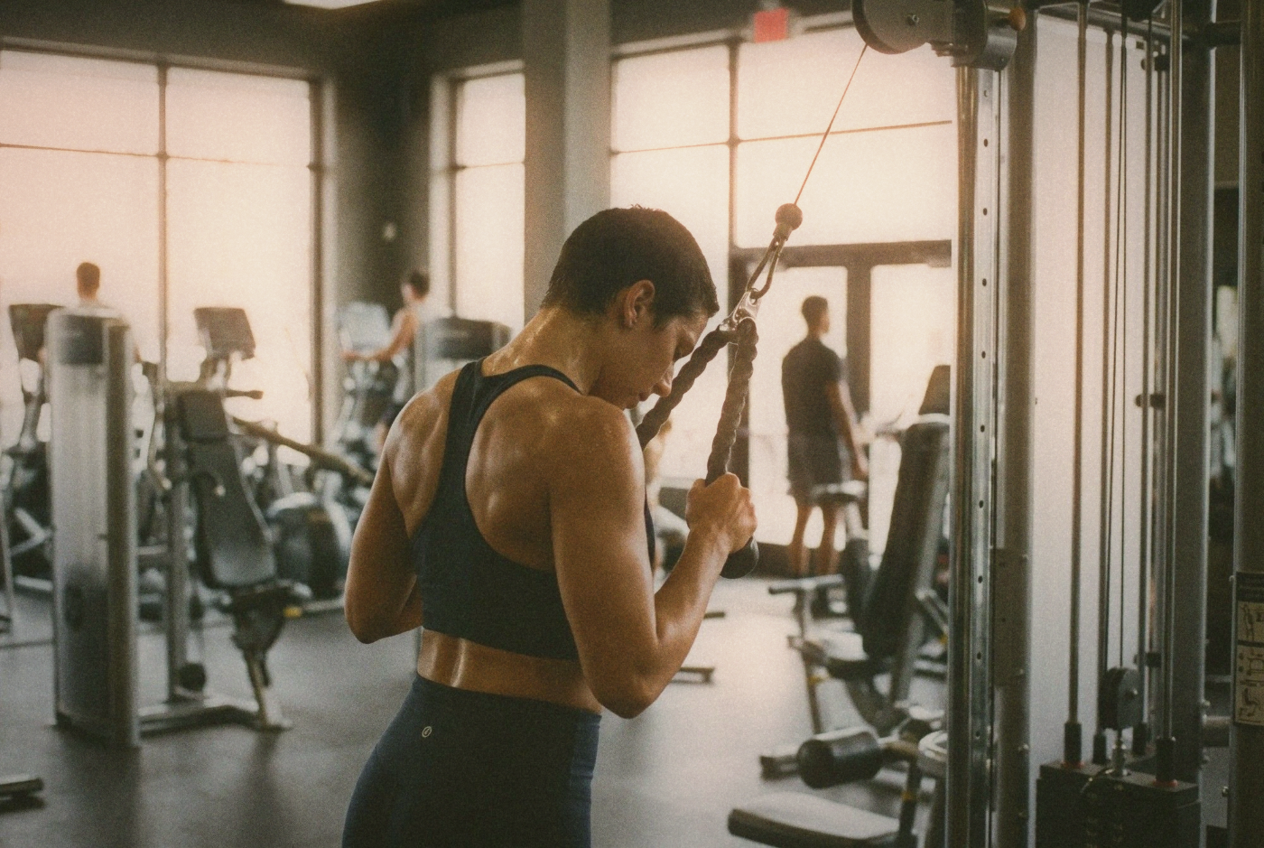 Person performing cable face pulls at a gym